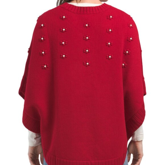 NEW HANNAH ROSE Merino Wool Faux Pearl Bobble Poncho ruby for women 764tn - Picture 2 of 4